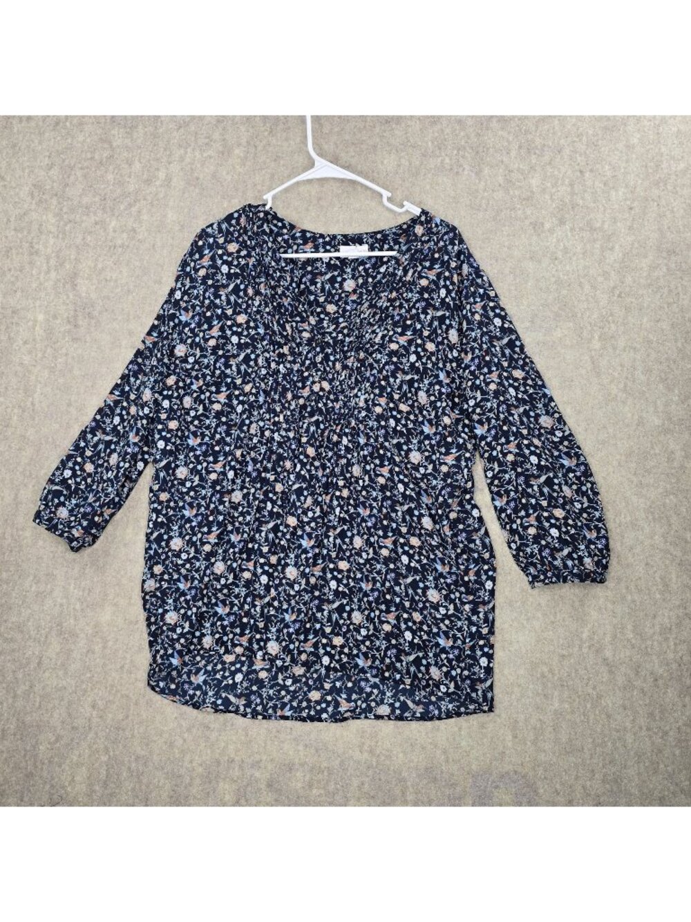 Westport 1962 Womens Floral Blouse Navy Blue XL Lightweight 3/4 Sleeve Polyester